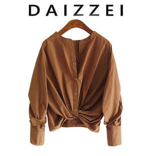 daizzei~短款衬衫女不规则，下摆抽褶灯笼，袖钉扣设计感小众打底上衣