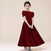 女童公主裙红色高端礼服，走秀钢琴演奏儿童演出服轻奢小众晚礼服