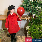 款女童加厚领羊绒，外套韩版新年款中长款中国红夹棉大衣