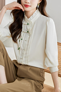 中式国风衬衫女长袖，2024春季法式时尚，立领衬衣盘扣雪纺上衣