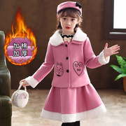 女童冬装加棉两件套连衣裙，洋气儿童毛呢套装，冬款韩版女孩网红裙子