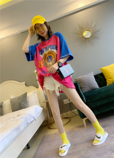 韩国夏季女装字母印花T恤时尚个性中长款韩范短袖上衣ins