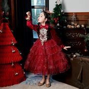 黑沐马高定女童礼服儿童钢琴，演奏主持人红色公主裙新年晚礼服