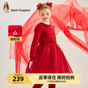 暇步士童装女童红色连衣裙秋冬加绒中国风裙子儿童新年公主裙