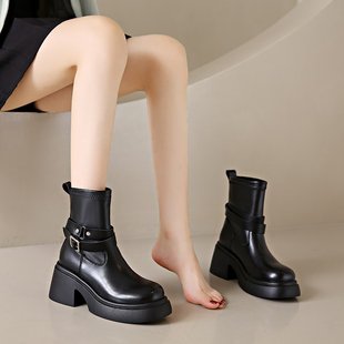 黑色厚底裸靴女秋季2023年瘦瘦靴机车靴粗跟短靴法式骑士女靴