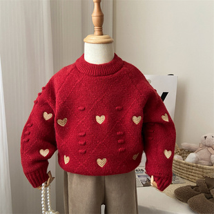 女童毛衣小童秋冬洋气外穿圆领，针织衫宝宝红色保暖加绒上衣打底衫