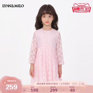 lynnmilo琳麦罗童装2024女童，连衣裙洋气蕾丝礼服裙，长袖儿童公主裙
