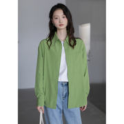 绿色长袖衬衫上衣女2024春休闲宽松设计感小个子叠穿衬衣外套