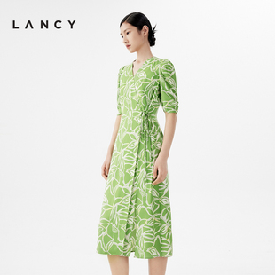 lancy朗姿2024春季翠绿色，v领真丝，印花短袖连衣裙法式高级感