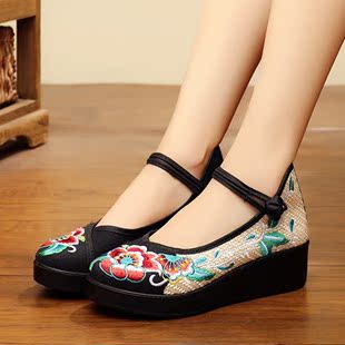 春秋季老北京民族风布鞋，高跟女鞋坡跟绣花鞋，布鞋厚底平底女单鞋子