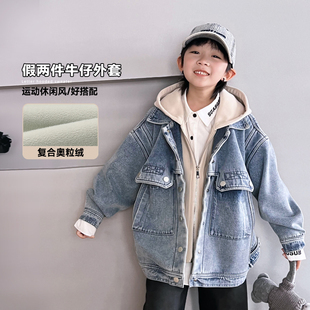 韩版儿童冬装加绒假两件牛仔，外套男童加厚上衣，中大童洋气夹克衫潮