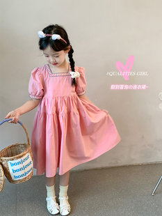 女童粉色连衣裙2024夏季韩版儿童泡泡袖长裙，中大童洋气公主裙