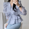 韩国chic春季法式气质，v领荷叶边拼接系带，收腰喇叭袖雪纺衬衫女