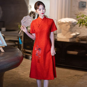 大码女装中国风红色旗袍裙，女2024年夏季改良款日常可穿连衣裙