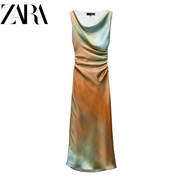 za24夏季气质优雅垂褶领褶皱装饰印花迷笛连衣裙3031210330