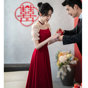 敬酒服新娘夏款小个子红色结婚订婚连衣裙女法式平时可穿礼服显瘦
