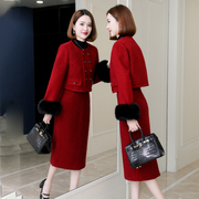 小香风羽绒服套装女2023秋冬红色一整套高级感鹅绒两件套