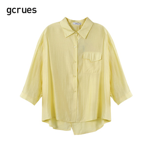 gcrues黄色衬衫女宽松夏装韩版宽松设计感上衣甜美七分袖衬衣