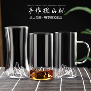 水杯透明玻璃绿茶杯家用观山泡茶杯咖啡杯圆形创意带手柄花茶杯