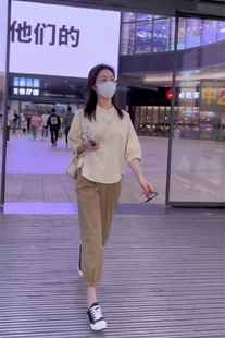 韩版夏季个性小圆领中袖衬衫，女春夏宽松显瘦简约百搭纯色衬衣