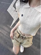 别致甜辣夏季法式小众时尚polo领针织小衫短袖t恤女短款显瘦上衣