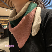 韩国东大门毛线针织拼色秋冬季加长保暖护颈三角围巾百搭围脖女
