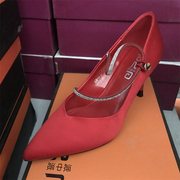 品牌女鞋断码丝绸高跟鞋夏季工作鞋尖头时尚红色婚鞋浅口单鞋