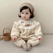 韩版宝宝连体衣冬装婴儿棉袄加绒爬服百天周岁棉衣外套公主包屁衣
