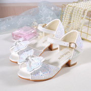 2023新韩版儿童凉鞋舞蹈水钻蝴蝶结，女童公主鞋，白色水晶高跟鱼嘴鞋