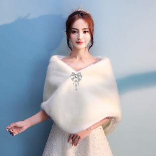 新娘婚纱披肩秋冬季结婚韩版礼服旗袍外套加厚保暖大码毛披肩白红