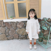 韩版宝宝长袖白色连衣裙女童，木耳边半高领，打底裙子秋季衬衫裙洋气