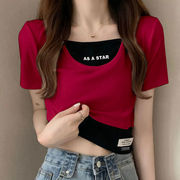 假两件冰丝罗纹t恤女短袖2024夏季网红设计感修身撞色短款上衣潮