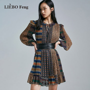 裂帛liebofeng小众设计感复古拼接a字，不对称宽松雪纺长袖连衣裙