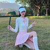 韩国fl高尔夫球服装女长袖，丝巾领上衣f网球gol粉色，百褶短裤裙套装