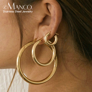 emanco钛钢耳环女士，欧美简约ins耳饰不锈钢，饰品个性圆形圈圈耳扣