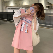 2022夏季假两件t恤女球衣短袖学生韩版宽松中长款半袖ins潮