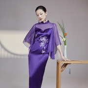magicq原创设计逐晚风，飘逸魅惑紫色立领，拼纱刺绣改良旗袍连衣裙