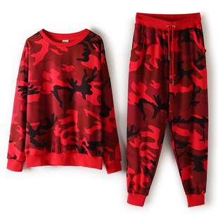 春秋季时尚红色迷彩卫衣休闲跑步运动套装女2024宽松两件套潮