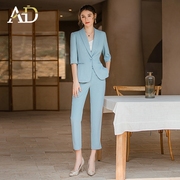 AD蓝色西装套装女高级感字母印花中袖西服外套小个子职业装工作服