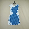 夏季蓝色印花几何图案圆领简约气质修身小飞袖A字版连衣裙