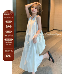 哟米YOMI 小个子白色无袖连衣裙女夏季V领设计小众日系背心长裙子