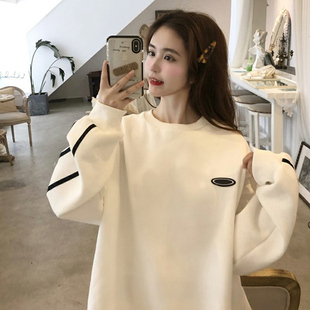 欧货冬季卫衣女宽松加绒2023年高级感中长款圆领白色外套上衣