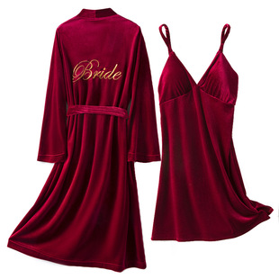 睡裙女春秋红色吊带，睡衣2件套装晨袍新娘睡袍冬季金丝绒结婚浴袍