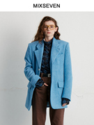 mixseven原创设计晴空，蓝斜纹羊毛，毛呢西装保暖西服外套