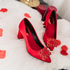 结婚红鞋子2021粗跟新娘鞋低跟孕妇香槟婚鞋红礼服ing上轿鞋