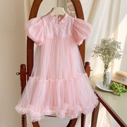 女童连衣裙夏装，2024儿童洋气超仙粉色，纱裙小女孩高端礼服裙子