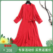红色波点连衣裙女春装，2022年裙子气质女神范法式(范，法式)v领雪纺长裙