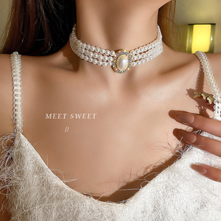 三层珍珠项链女轻奢小众配饰气质新娘婚纱礼服锁骨链颈链choker