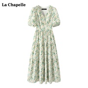拉夏贝尔/La Chapelle仙女碎花短袖连衣裙女夏季收腰V领雪纺裙子