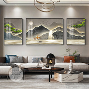 流水生财客厅装饰画山水画新中式大气沙发背景墙挂画茶室三联壁画